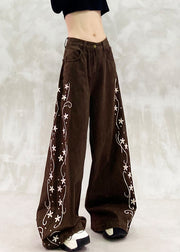 Boho Brown Oversized Print Denim Wide Leg Pants Spring