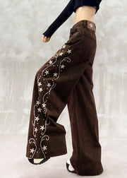 Boho Brown Oversized Print Denim Wide Leg Pants Spring