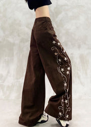 Boho Brown Oversized Print Denim Wide Leg Pants Spring