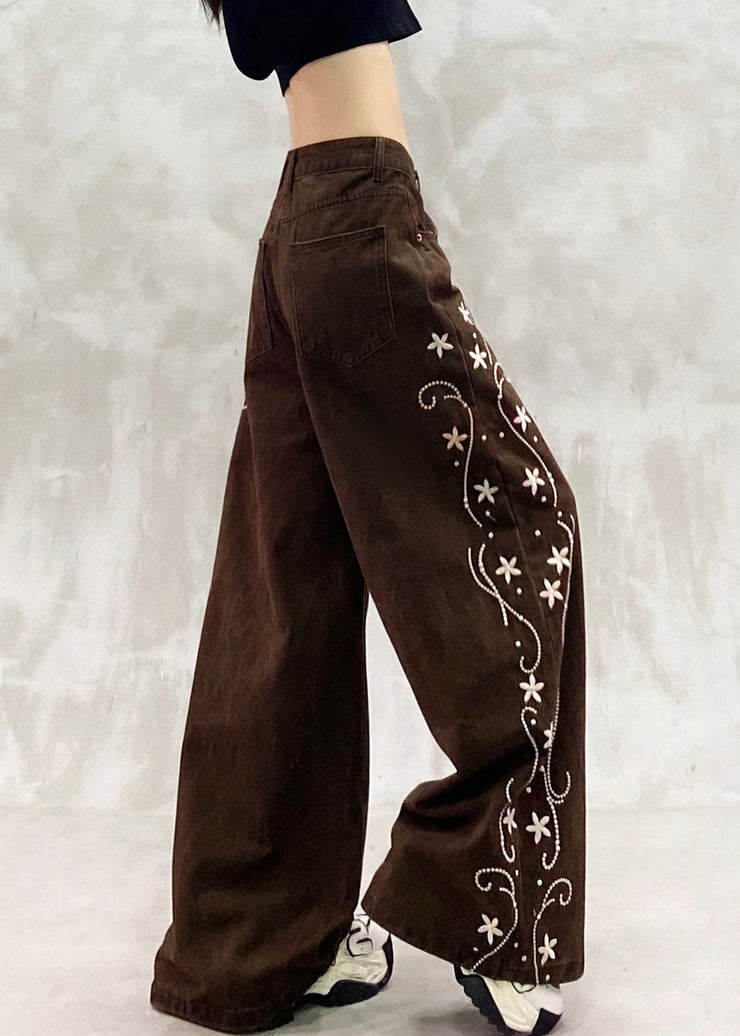 Boho Brown Oversized Print Denim Wide Leg Pants Spring