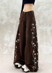 Boho Brown Oversized Print Denim Wide Leg Pants Spring