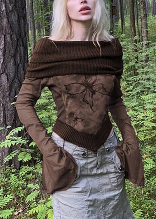 Boho Brown Print Knit Patchwork T Shirts Flare Sleeve
