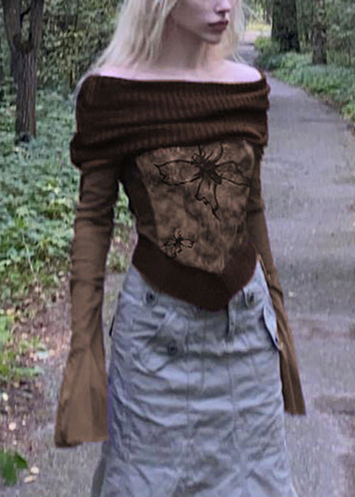 Boho Brown Print Knit Patchwork T Shirts Flare Sleeve