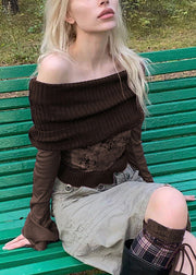 Boho Brown Print Knit Patchwork T Shirts Flare Sleeve