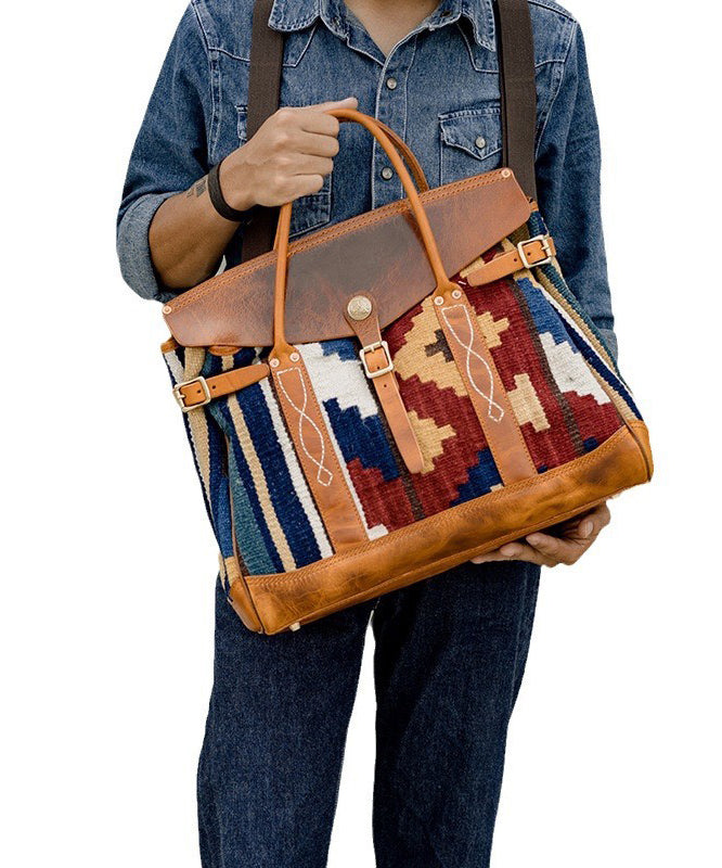 Boho Brown Print Patchwork Leather Tote Handbag