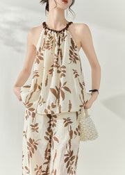 Boho Brown Print Top And Wide Leg Pants Two Pieces Set Sleeveless