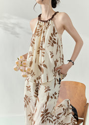 Boho Brown Print Top And Wide Leg Pants Two Pieces Set Sleeveless