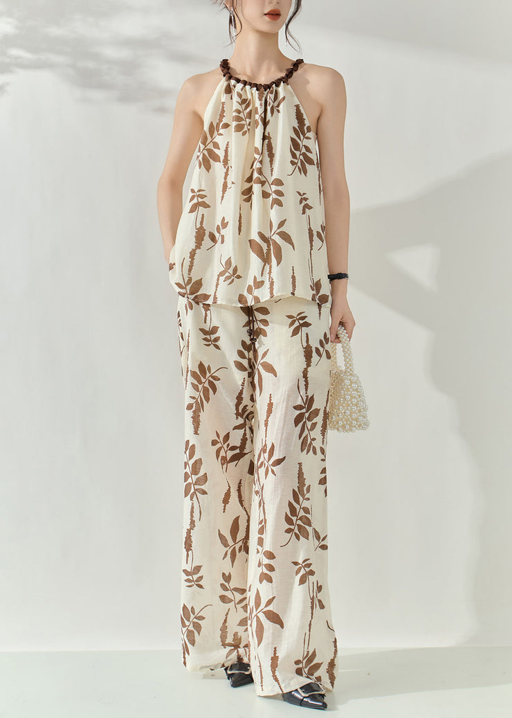 Boho Brown Print Top And Wide Leg Pants Two Pieces Set Sleeveless