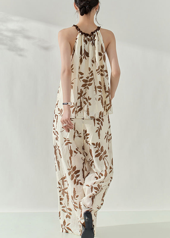 Boho Brown Print Top And Wide Leg Pants Two Pieces Set Sleeveless