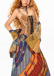 Boho Brown U Neck Print Asymmetrical Tie Lace Shirt Fall
