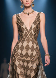 Boho Brown V Neck Plaid Chiffon Dinner Dress Summer