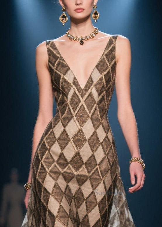 Boho Brown V Neck Plaid Chiffon Dinner Dress Summer
