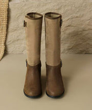 Boho Buckle Splicing Chunky Boots Khaki Suede