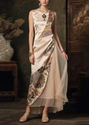 Boho Champagne Asymmetrical Patchwork Print Silk Dresses Sleeveless