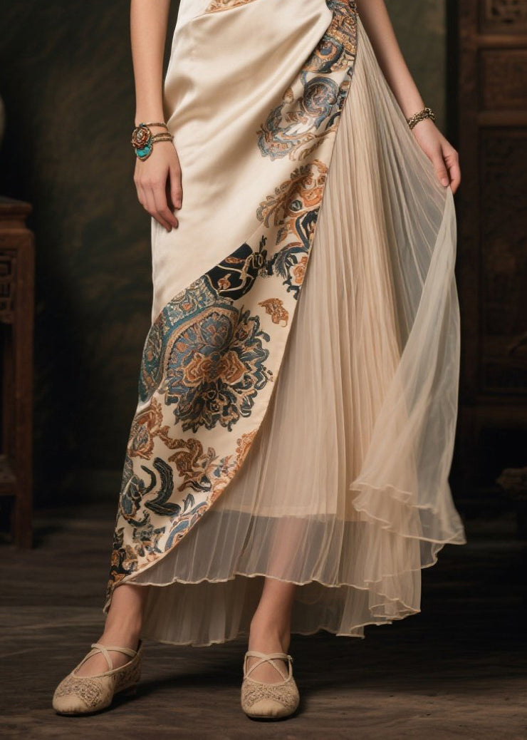 Boho Champagne Asymmetrical Patchwork Print Silk Dresses Sleeveless