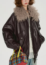 Boho Chocolate Faux Fur Collar Oversized Faux Leather Jackets Winter