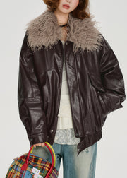 Boho Chocolate Faux Fur Collar Oversized Faux Leather Jackets Winter