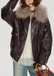 Boho Chocolate Faux Fur Collar Oversized Faux Leather Jackets Winter