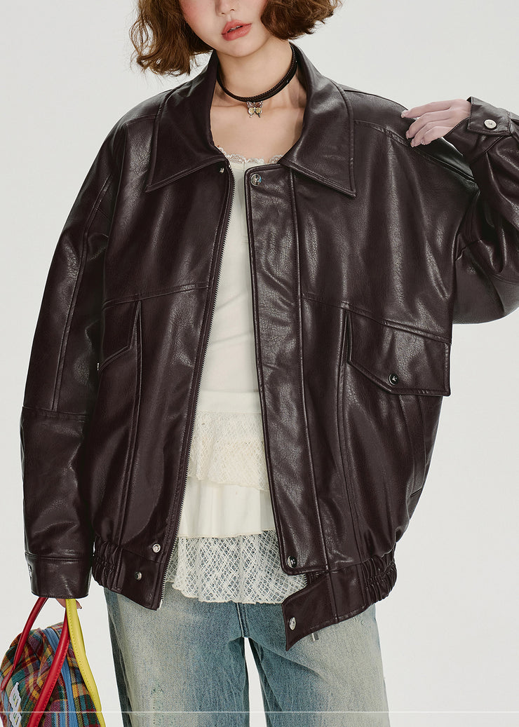 Boho Chocolate Faux Fur Collar Oversized Faux Leather Jackets Winter