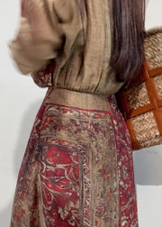 Boho Coffee Cinched Print Linen Holiday Dress Summer
