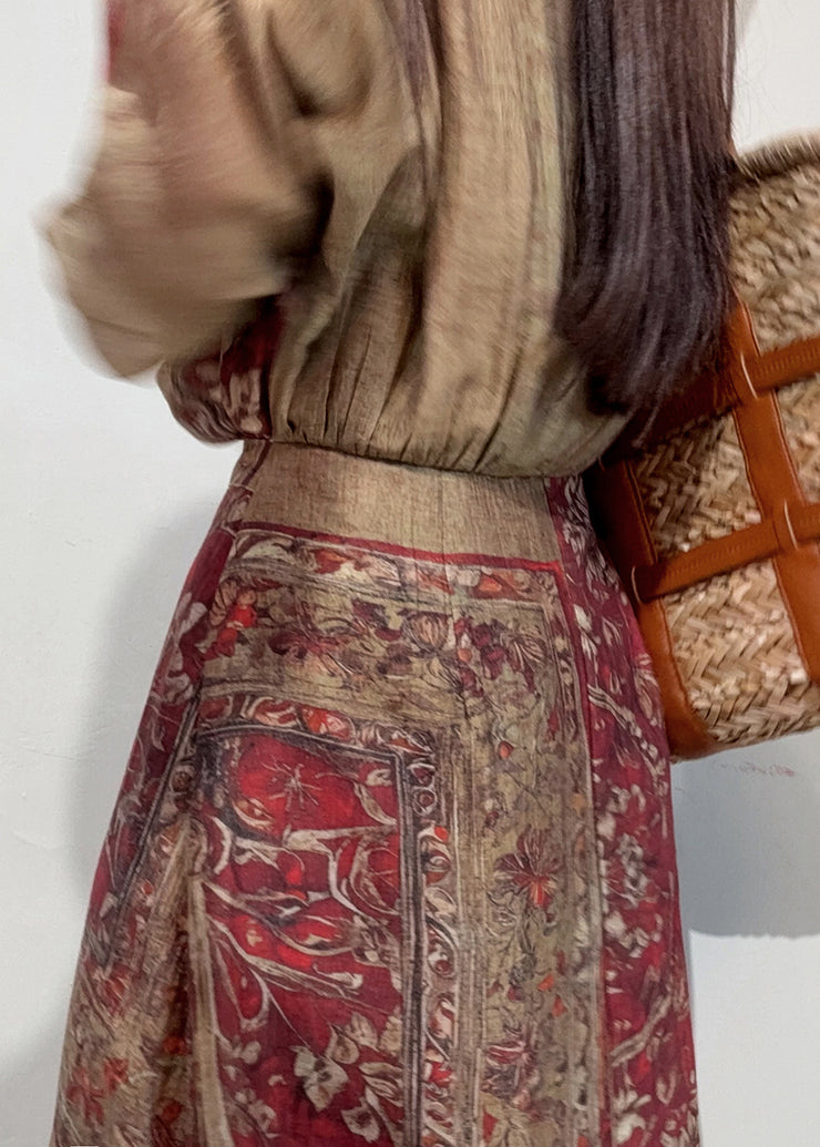 Boho Coffee Cinched Print Linen Holiday Dress Summer