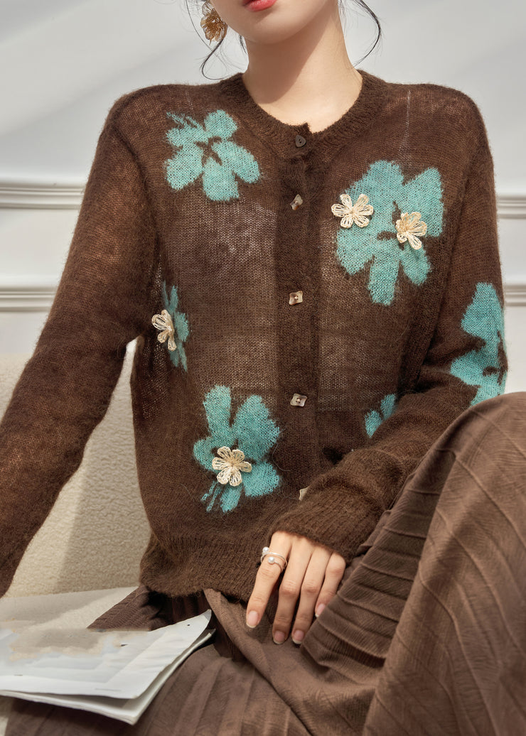 Boho Coffee O-Neck Patchwork Button Cotton Knit Cardigan Fall