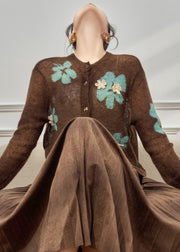 Boho Coffee O-Neck Patchwork Button Cotton Knit Cardigan Fall