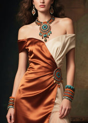 Boho Colorblock Backless Tulle Patchwork Silk Strapless Dress Summer