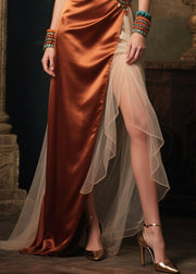 Boho Colorblock Backless Tulle Patchwork Silk Strapless Dress Summer