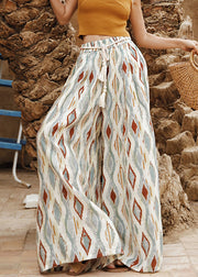 Boho Colorblock Elastic Waist Plaid Sashe Wide Leg Pants