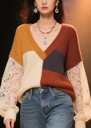Boho Colorblock Hollow Out Lace Patchwork Knit Sweater Fall