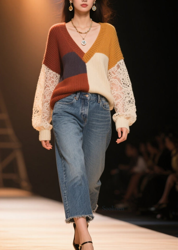 Boho Colorblock Hollow Out Lace Patchwork Knit Sweater Fall