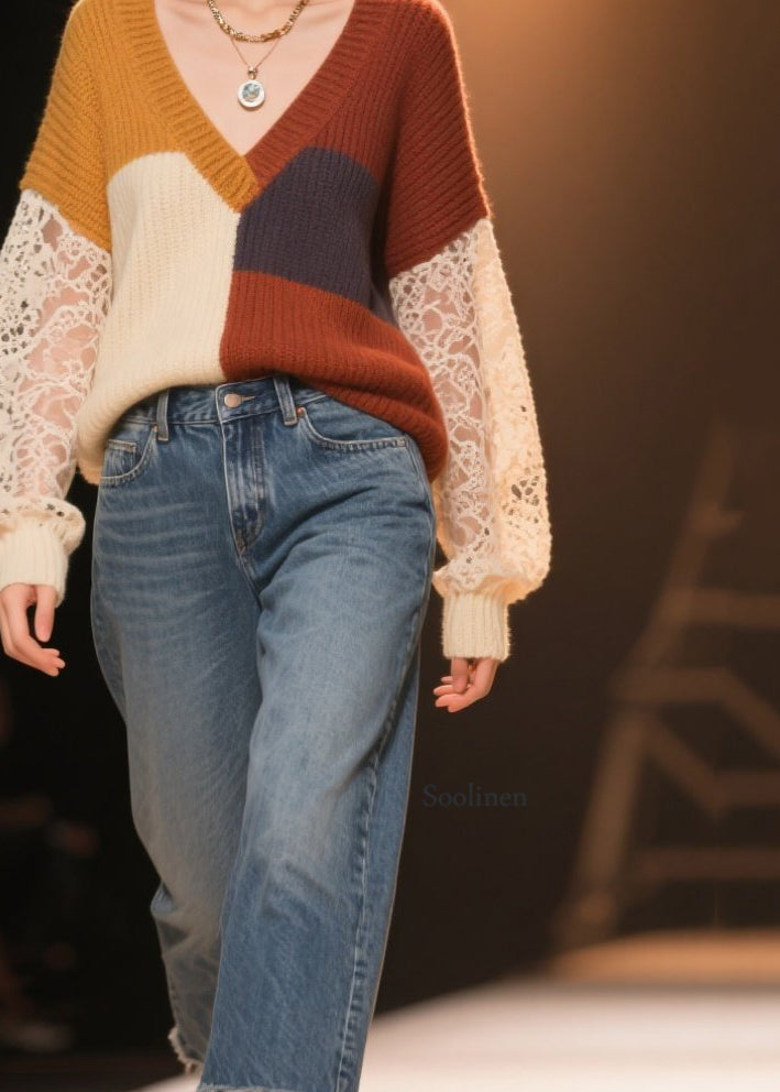 Boho Colorblock Hollow Out Lace Patchwork Knit Sweater Fall
