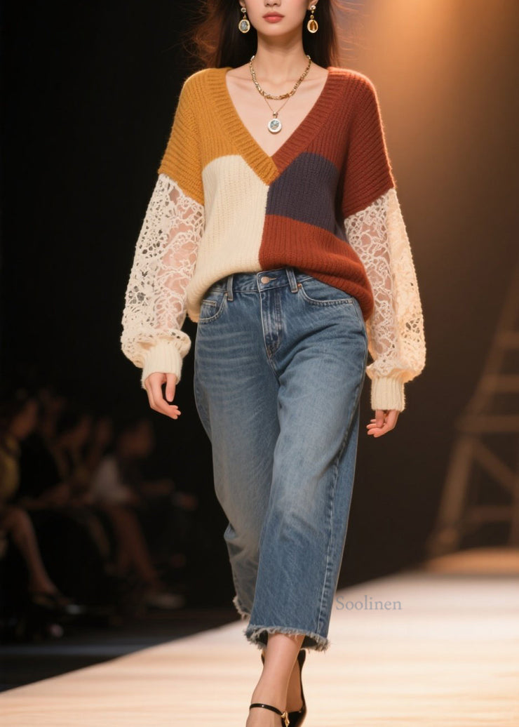 Boho Colorblock Hollow Out Lace Patchwork Knit Sweater Fall