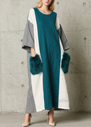 Boho Colorblock O Neck Fuzzy Fur Patchwork Cotton Dress Fall