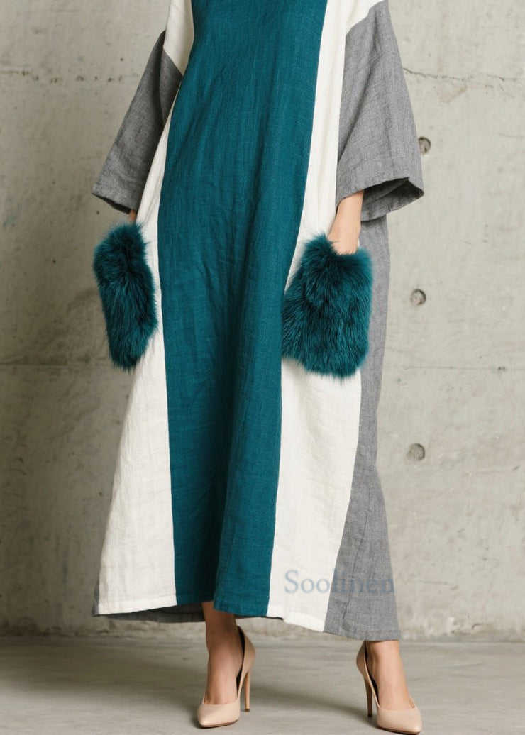 Boho Colorblock O Neck Fuzzy Fur Patchwork Cotton Dress Fall