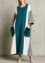 Boho Colorblock O Neck Fuzzy Fur Patchwork Cotton Dress Fall