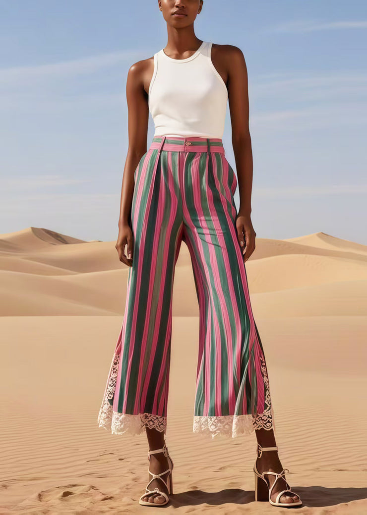 Boho Colorblock Striped Patchwork Lace Bell-bottom Trousers Summer