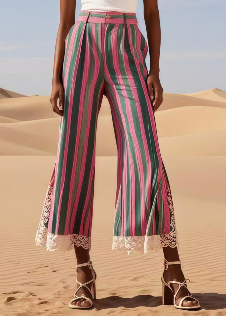 Boho Colorblock Striped Patchwork Lace Bell-bottom Trousers Summer