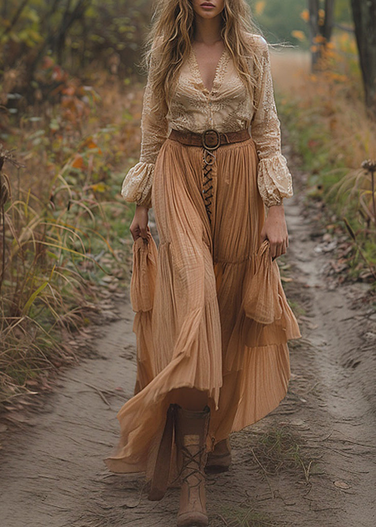 Boho Colorblock V Neck Wrinkled Patchwork Cotton Dress Long Sleeve