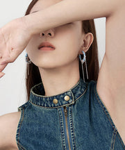 Boho Denim Blue Sterling Silver Denim Chain Tassel Drop Earrings