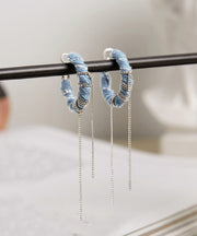 Boho Denim Blue Sterling Silver Denim Chain Tassel Drop Earrings