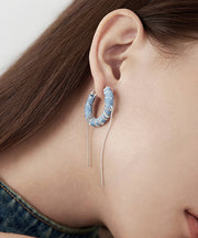 Boho Denim Blue Sterling Silver Denim Chain Tassel Drop Earrings