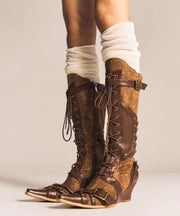Boho Denim Splicing Lace Up Wedge Boots Brown Cowhide Leather