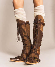 Boho Denim Splicing Lace Up Wedge Boots Brown Cowhide Leather