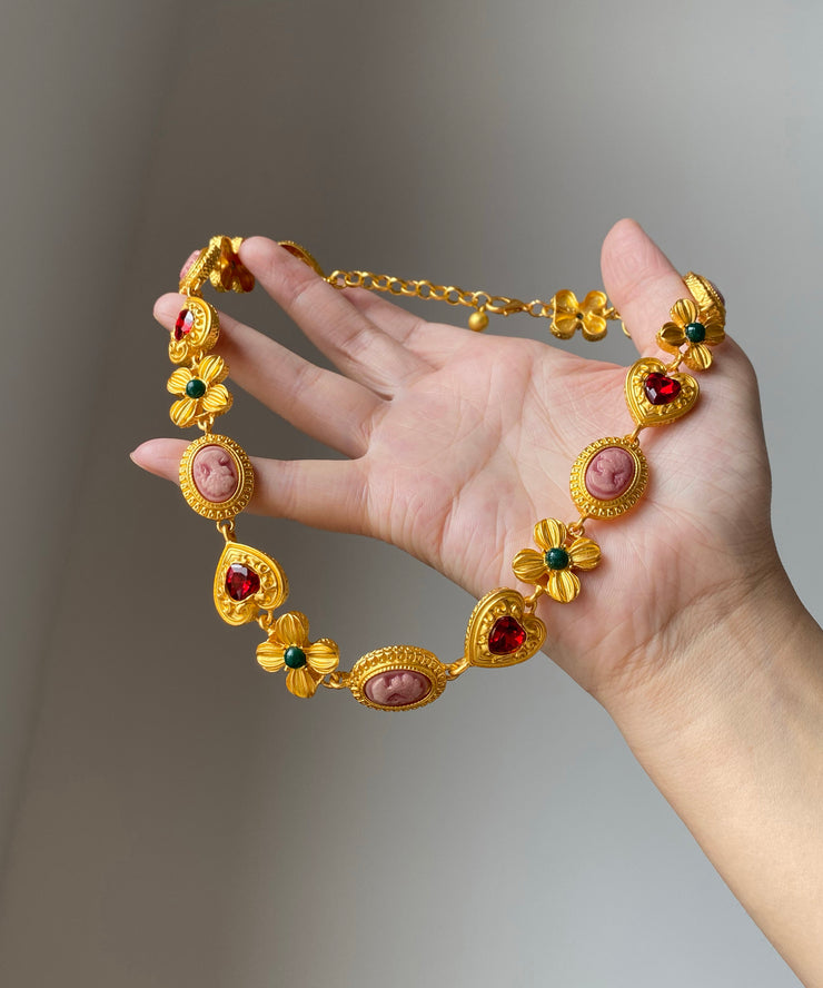 Boho Gold Alloy Zircon Floral Love Princess Necklace