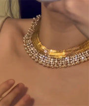 Boho Gold Copper Alloy Zircon Pearl Gratuated Bead Necklace