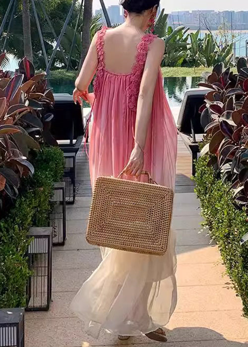 Boho Gradient Color Backless Wrinkled Spaghetti Strap Dress Sleeveless