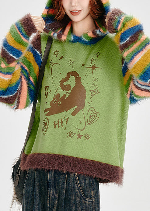 Boho Grass Green Hooded Patchwork Striped Knit Sweatshirt Winter