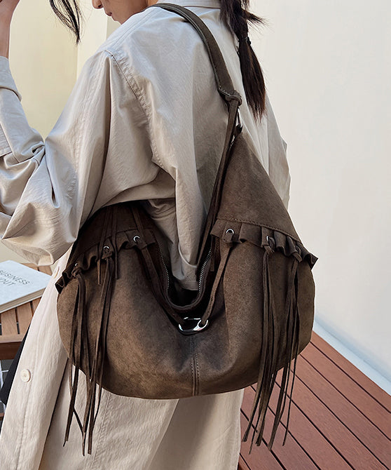 Boho Green Faux Suede Tassel Large Capacity Shoulder Bag